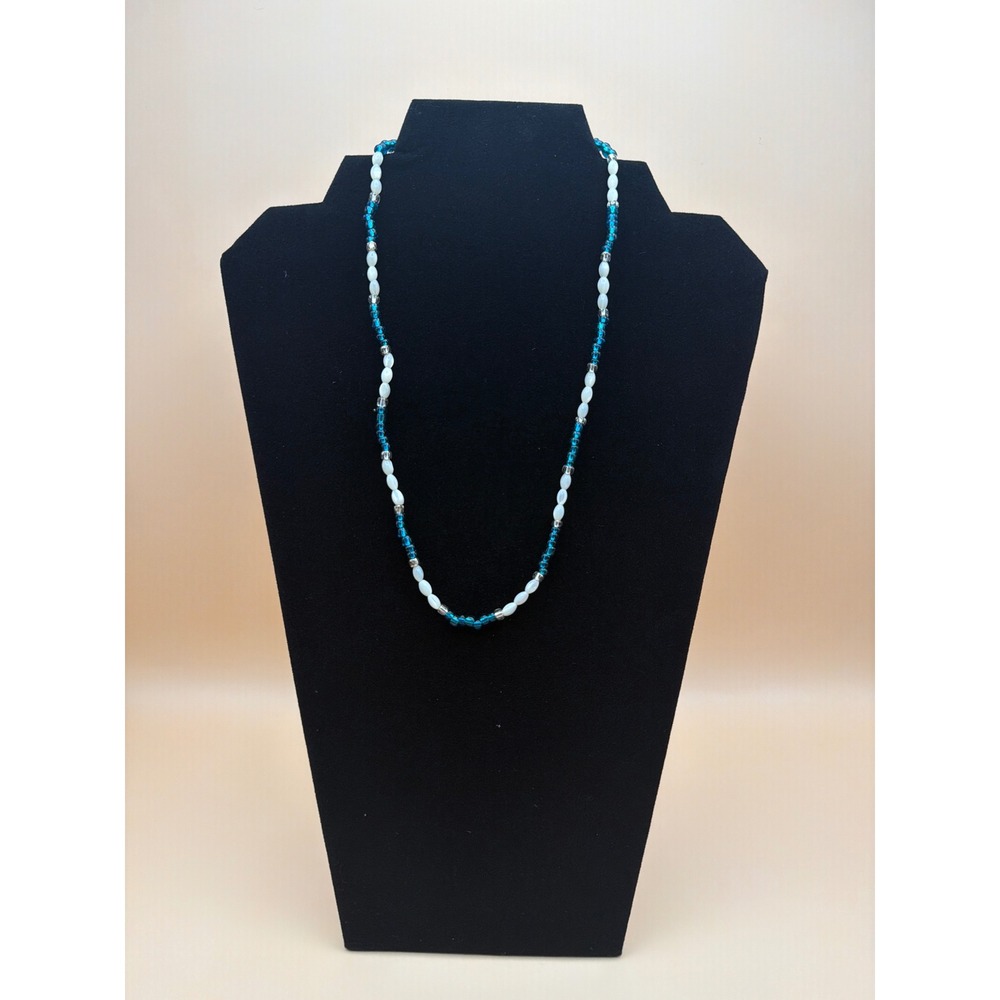 Handmade Teal Blue and‎ White Beaded Necklace with Magnetic Clasp 18 Inch